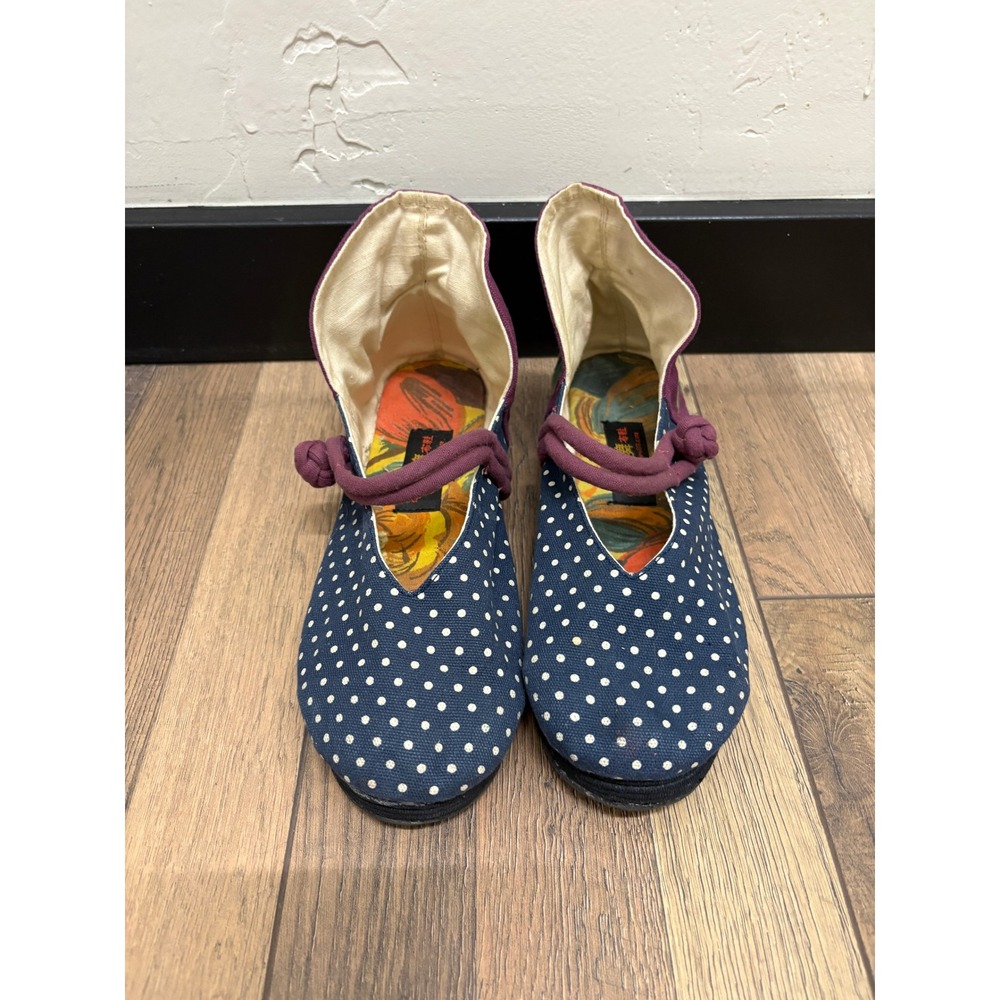 Handmade Chinois Embroidered Canvas Flats Polka Dot Floral Navy Purple Size 9